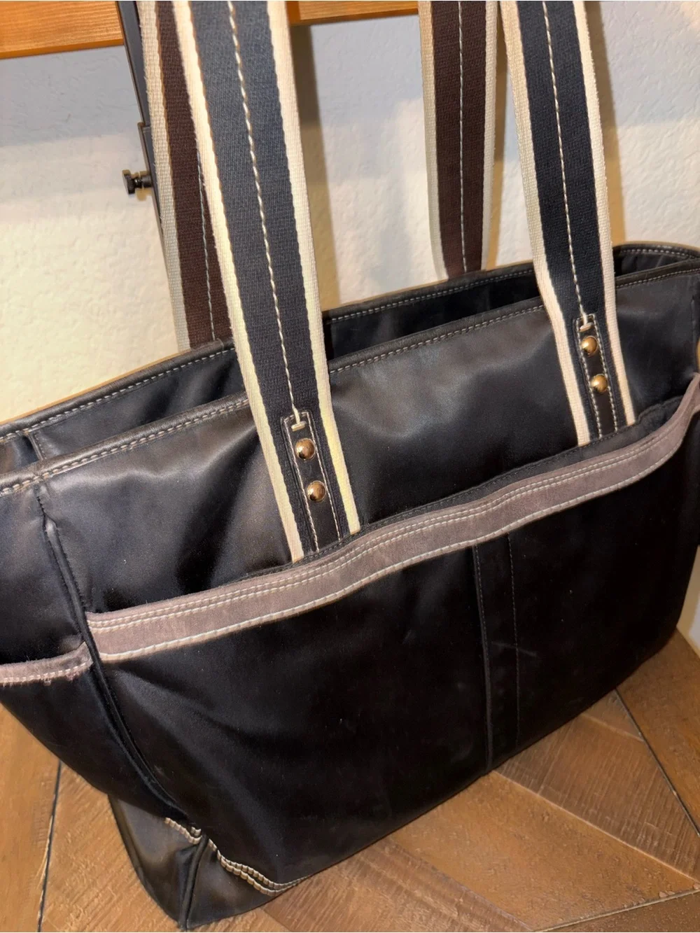 Coach Black Signature Nylon Tote | Blue Leather Trim | Large